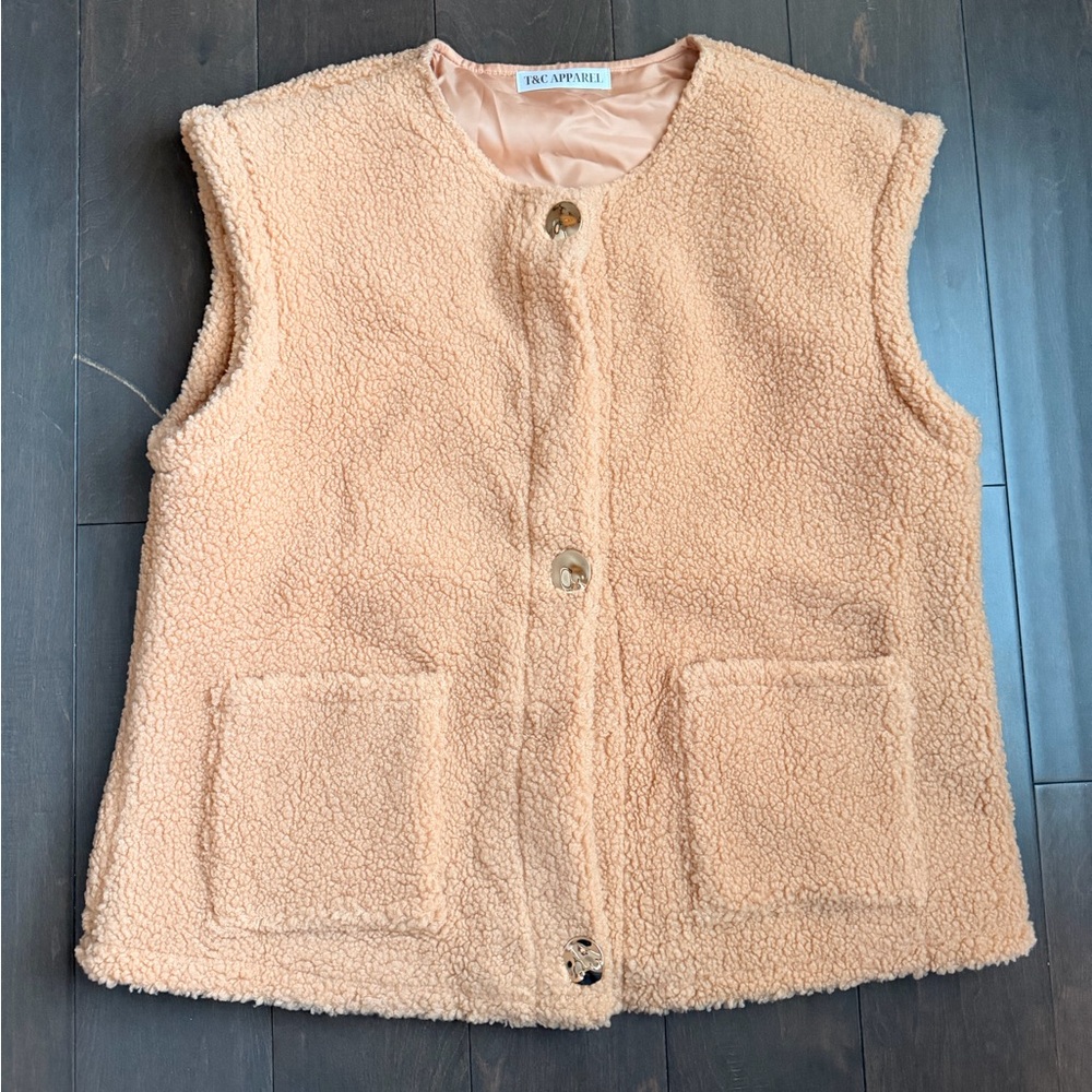Tan Sherpa Vest with Gold Buttons